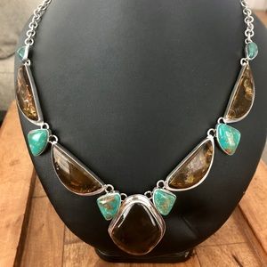 Sterling silver, turquoise and amber necklace